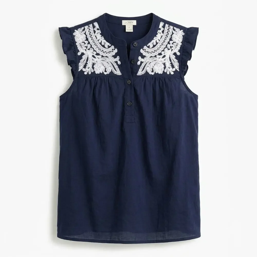 J.Crew Navy Blue Embroidered Bib Sleeveless Blouse Top Women Size 2
